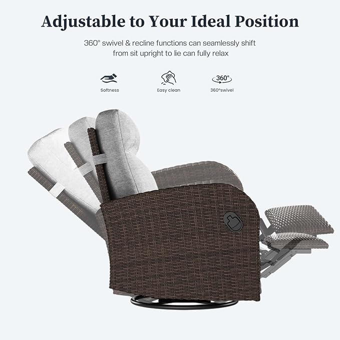 Outdoor Wicker Recliner Chair High Back Patio 360°Swivel Reclining Lounge Chair with 6-Inch Thick Cushion
