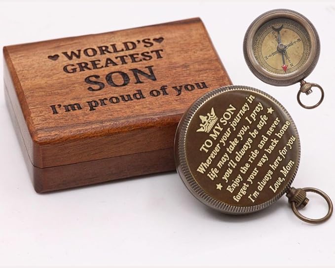 RII Engraved Brass Pocket Compass – Vintage Nautical Compass for Camping, Hiking, Boating, Travel | Thoughtful Gift for Son