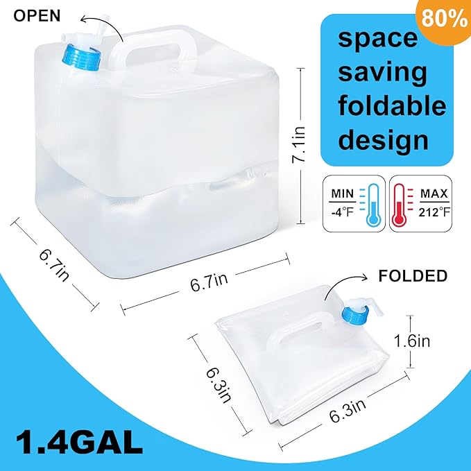 2 Pack Collapsible Water Container with Spigot, Foldable Cube Water Jugs Portable Water Storage for Outdoors Camping Hiking Disaster Preparedness & Survival Gear 1.4/2.6/4/5.3 Gallon