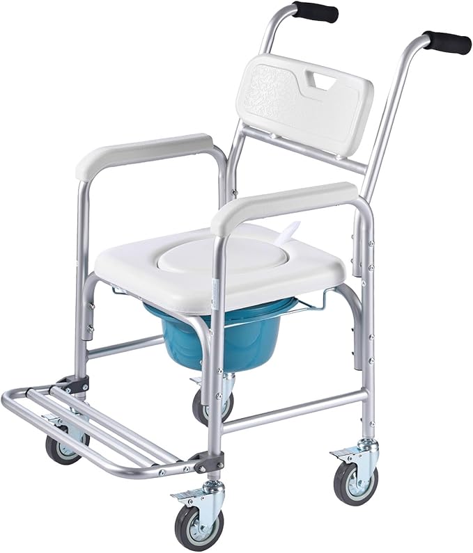 VEVOR Bedside Commode Chair with Wheels, 350 lbs Capacity, 4-in-1 Portable Toilet and Raised Toilet Seat with Padded Seat/Backrest/Flip-up Footrest, Detachable 5L Bucket, Shower Wheelchair for Seniors