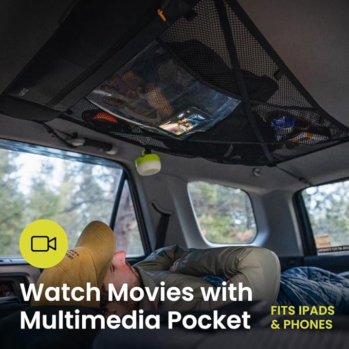 LUNO Ceiling Cargo Net - Car Roof Storage w/Multiple Pockets, Hangout Loops & Tab Pocket for Long Road Trip & Camping - 36" x 52" Car Camping Essentials Organizer for SUV - XL