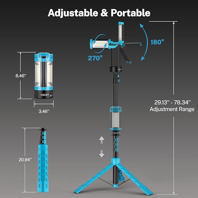 OGERY Rechargeable 10000mAh Camping Light with Stand 6.5 ft Max Height, Cordless Work Light with 3 LED Lamp Heads, 2200 Lumens Camping Essentials Gear Emergency Flashlight with Detachable Tripod