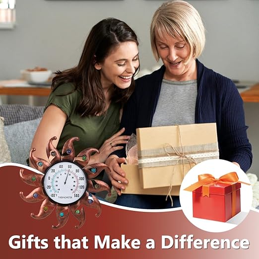 VEWOGITF Sun Outdoor Thermometer, Copper Wall Thermometer No Need Battery, 13.5" Dia Metal Indoor Thermomter with Beads Decor for Patio Home Room