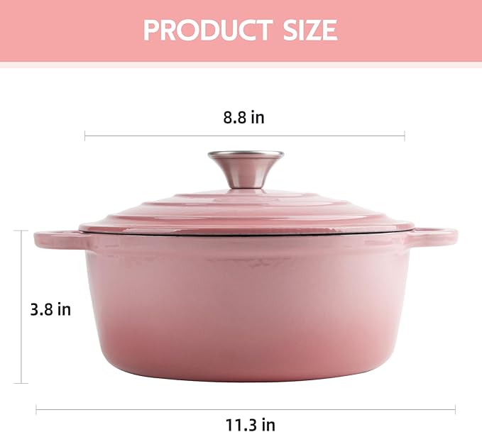 3 Quart Dutch Oven Enameled Cast Iron with Lid - Big Dual Handles - Oven Safe up to 500°F - Classic Round Pot for Versatile Cooking Pink