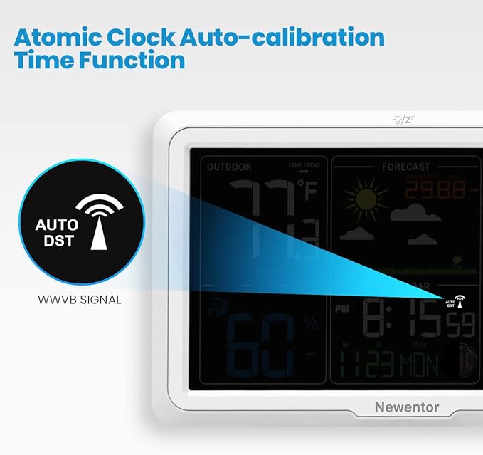 Newentor Weather Station Wireless Indoor Outdoor, 7.5in Display Atomic Clock, Inside Outside Thermometer and Hygrometer with Weather Alert, Barometer and Weather Forecast, Time and Calendar, White