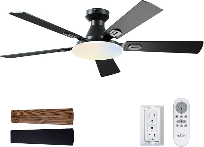 addlon Ceiling Fans with Lights, 52 inch Flush Mount Ceiling fan with Remote Control, Wall Remote, Reversible, 5CCT, Dimmable, Noiseless DC Motor, Black Low Profile Ceiling Fan for Bedroom, Farmhouse