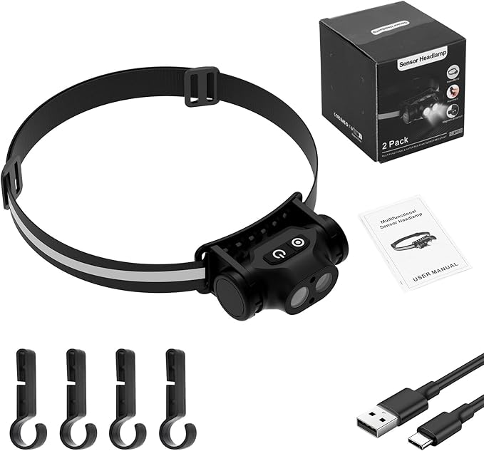 High Lumens Rechargeable Magnetic Headlamp for Camping, Hiking, Caving, Fishing, Motion Sensor Waterproof Impact-Resistant Bright Head Light with 4 Light Modes, Adjustable Headstrap (1 Pack)