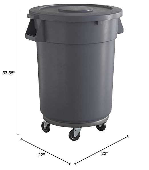 32 Gallon Gray Round Commercial Trash Can with Lid and Dolly