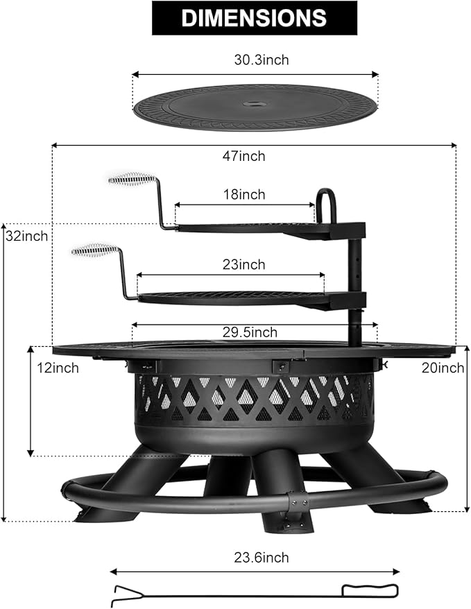 47 Inch Outdoor Wood Burning Fire Pit with 2 Grills,Extra Large 3-in-1 Fire Pit with Metal Lid & Fire Poker, Heavy Duty BBQ Firepits for Outside, Backyard, Bonfire, Patio & Party (47'' Black)