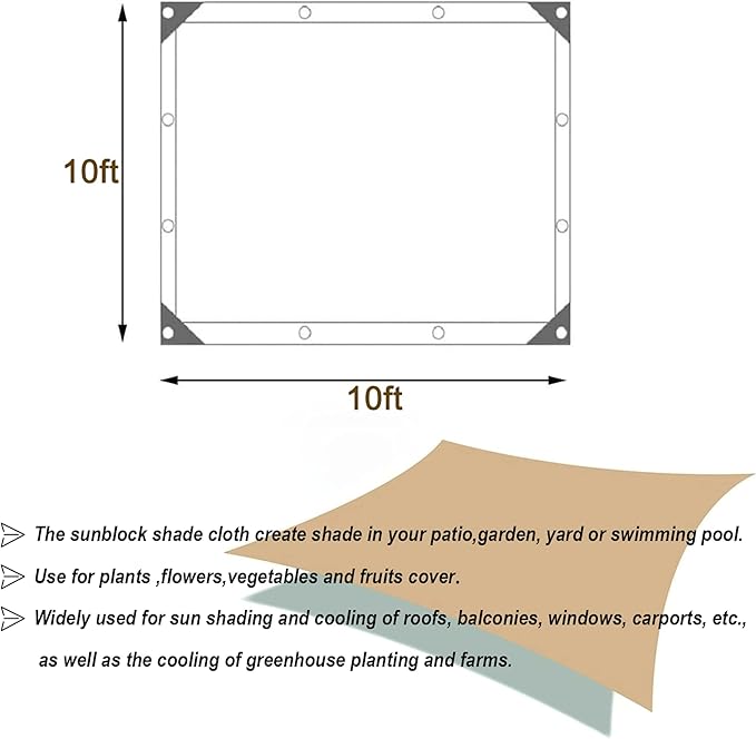 UCINNOVATE Sunblock Shade Cloth 70% Shade Net Greenhouse Covers 10ft x 10ft Fabric Mesh Tarp Sunshade Sunscreen UV Resistant Netting with Grommets for Garden Patio Lawn Plant Parking Yard or Kennel