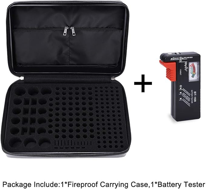 DocSafe Fireproof Battery Organizer Storage Box,Fireproof Waterproof Carrying Case Bag Holder,Safe Storage Holds 200+ Batteries AA AAA C D 9V, with Battery Tester BT-168 (Not Includes Batteries)