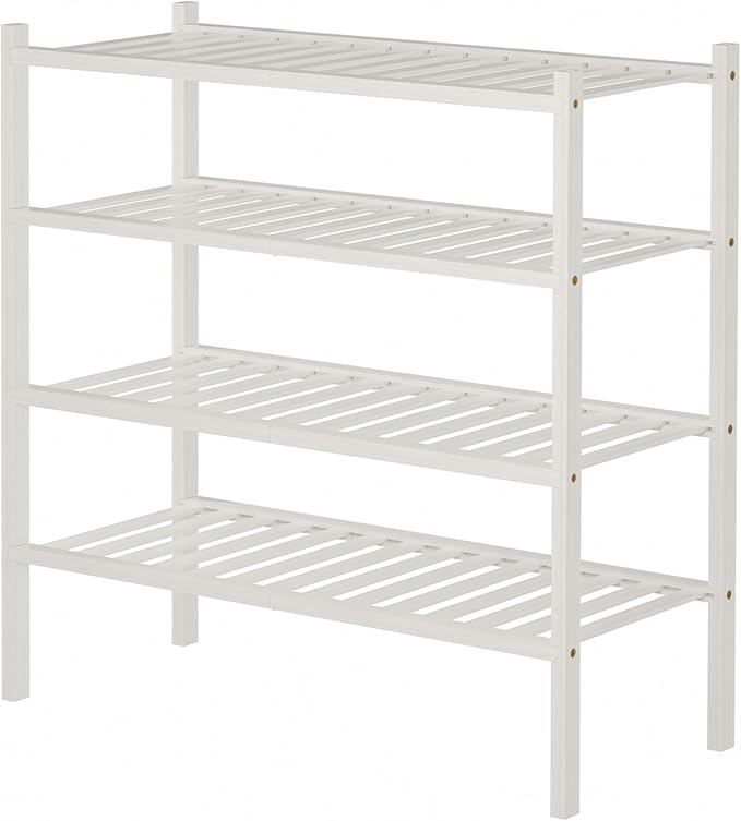 4 Tier Bamboo Shoe Rack for Closet Free Standing Wood Shoe Shelf for Entryway Small Space Stackable 27"x11"x26" (White)