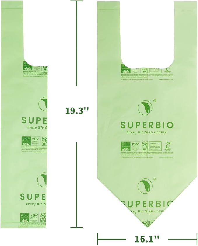 SUPERBIO 1.6 Gallon Handle Tie Compostable Food Scrap Bags For Counter Top Compost Bin, Small Compost Bags, 50 Count, 6 Liter, BPI & OK compost INDUSTRIAL Certified