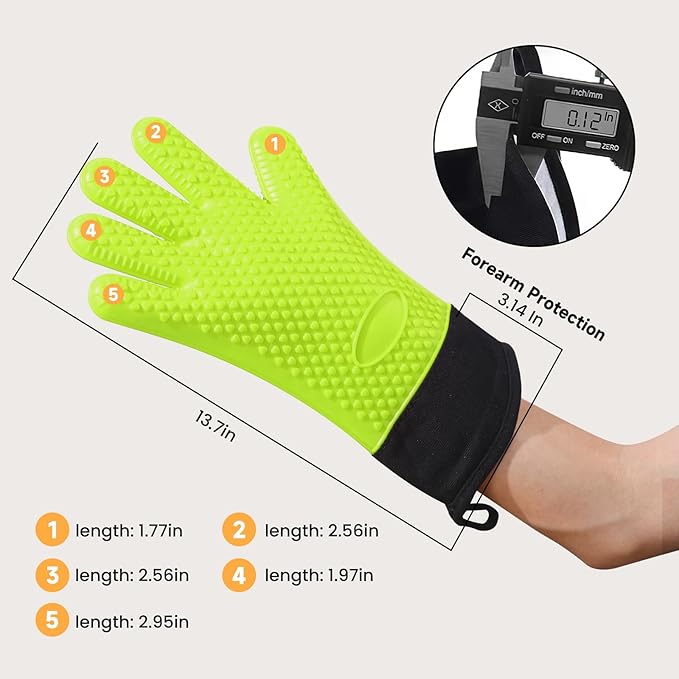 GEEKHOM BBQ Gloves Heat Resistant Oven Mitts - Silicone Grilling Gloves with 13.7" Arm Protection - Waterproof Pot Holder Non-Slip for Men & Women, Kitchen Outdoor Cooking, Baking, Camping, Green