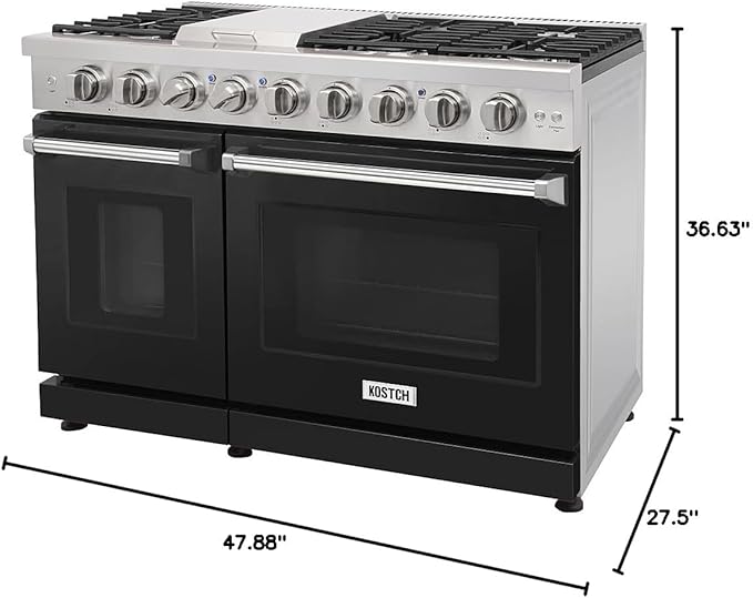 48 inch Pro-Style Natural Gas Range or Liquid Propane Gas Range with 6 Burners & 1 Griddle Cooktop, Double 4.6 cu. ft. and 2.2 cu. ft. Oven, in Stainless Steel - KOS-48RG03M (Black)