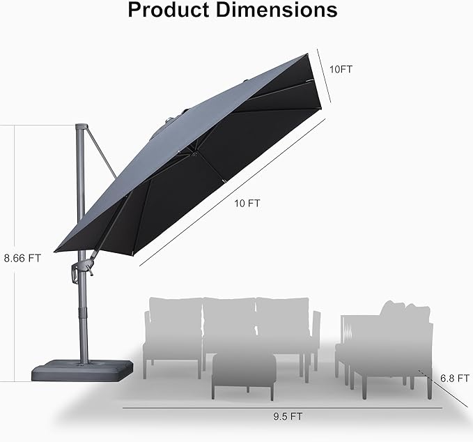 PURPLE LEAF 10 FT Cantilever Patio Umbrella Outdoor Aluminum Offset Square Umbrella with 3 Years Fade Resistance Recycled Fabric and 360-degree Rotation for Deck Pool Garden, Graphite Grey
