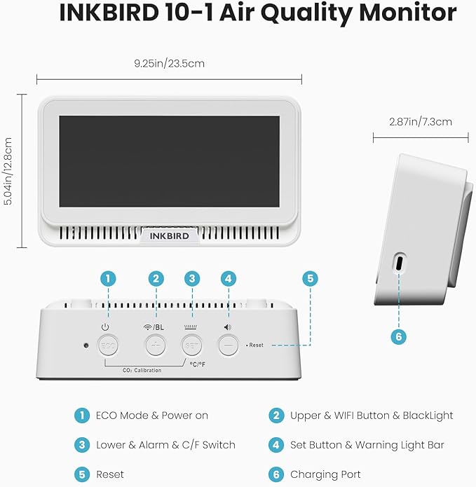 10-in-1 Air Quality Monitor with WiFi App Alerts | CO2, PM2.5, HCHO, TVOC Detector | 6.1" HD Display & 2Y Data Storage | Wall/Desk Mount for Home, Office, School (White)