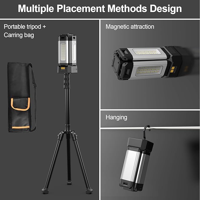 Upgraded Aluminum13200mAh Rechargeable Work Light with Folding Stand and Carrying Bag, 8000 Lumen Cordless Camping Light, White/Warm/Nature White with Detachable Tripod (Remote)