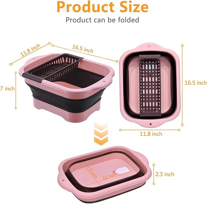 11L(2.91 Gallon) Collapsible Dish Basin with Drain Plug, Space Saving Outdoor Multiuse Foldable Sink Tub, Dishpan, Portable Kitchen Storage Tray for Vegetable Washing, Camping, RV (Pink)