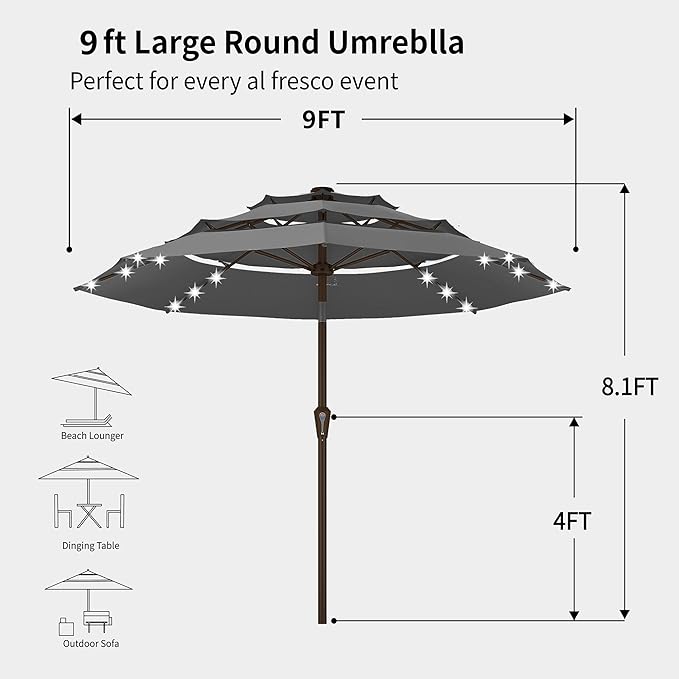 Kingdura 9ft 3-Tier Patio Umbrella with Solar Lights, Table Umbrella Outdoor Patio with Easy Crank & Tilt, 8 Sturdy Ribs, UV Protection, 32 LED Lights for Deck, Poolside, Market (Grey)