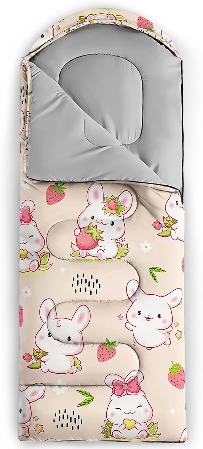 AILONEN Pink Lovely Rabbit Sleeping Bag for Girls Kids Adults,Warm and Cool Weather,Lightweight,Waterproof Backpacking,Cartoon Flowers Printed Bunny Sleeping Bag for Camping