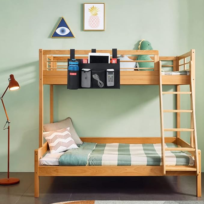 Hanging Bedside Caddy, Bedside Storage Organizer for Magazine, Phone, Remote control (5 Pockets-Black)