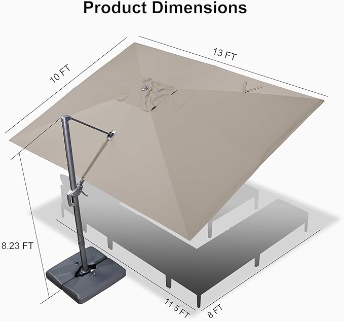 PURPLE LEAF 10' X 13' Patio Umbrella Large Rectangle Outdoor Aluminum Cantilever Umbrella with 3-Year Fade Resistance Recycled Fabric and 360-degree Rotation for Deck Pool Garden, Ash Mocha