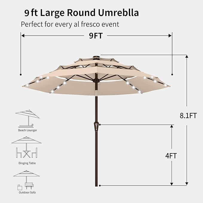 Kingdura 9ft 3-Tier Patio Umbrella with Solar Lights, Table Umbrella Outdoor Patio with Easy Crank & Tilt, 8 Sturdy Ribs, UV Protection, 32 LED Lights for Deck, Poolside, Market (Beige)