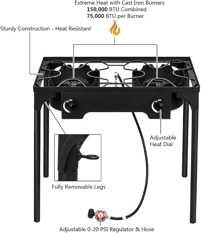 Outdoor Camp Stove High Pressure Propane Gas Cooker Portable Cast Iron Patio Cooking Burner (Double Burner 150000-BTU)