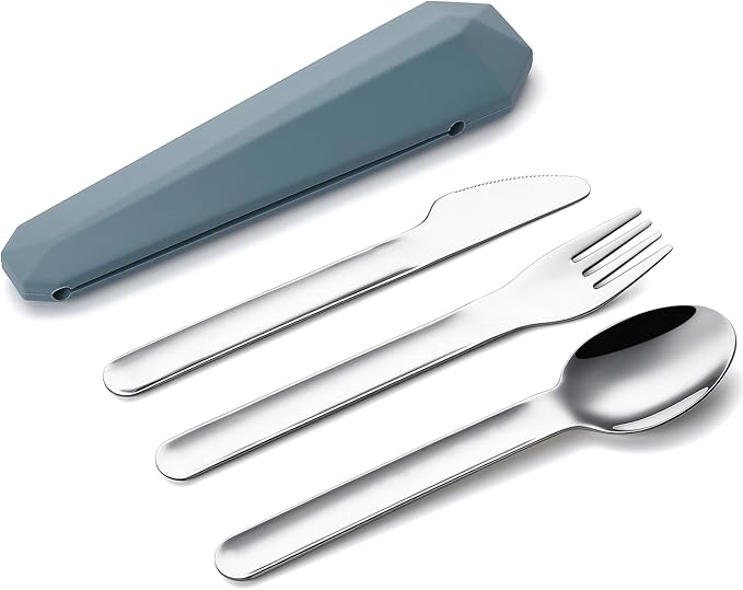DEVICO Travel Utensils with Case, Reusable Camping Silverware Cutlery, 18/8 Stainless Steel Portable Fork Spoon Knife Set for Lunch Picnic School Workplace (Blue)