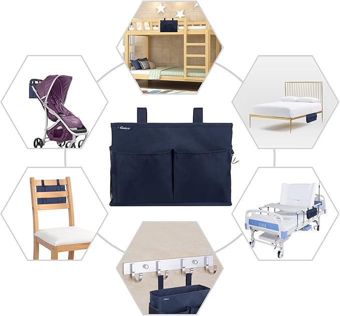 Surblue Bedside Caddy Hanging Organizer Storage Bag Pocket for Bunk, Hospital, College Dorm Rooms, Baby Bed Rails, Camp - 4 Pockets, 2 Hooks (Blue)