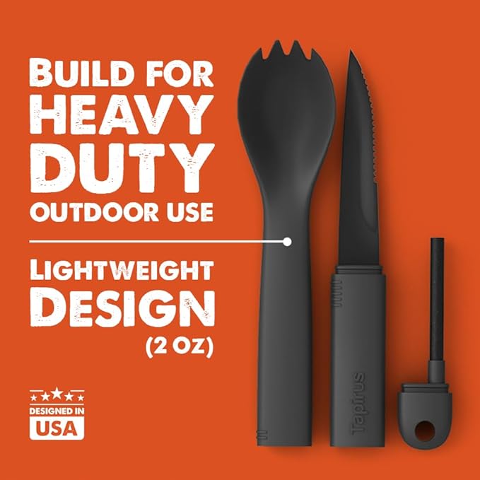 Tapirus Spork Tactical Special Edition Black | BPA Free Spoon Fork, Stainless Steel Knife and Fire Starter | 3 in 1 multipurpose utensil | Outdoor hiking, camping & backpacking gear | Fit for MRE