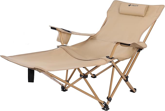 VILLEY Reclining Camping Lounge Chair Adjustable Foldable Chair for Adults with Removable Footrest, Headrest & Storage Bag Supports Up to 330 LBS Beige