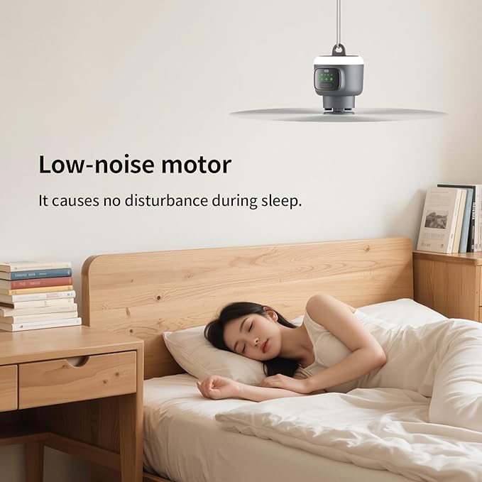 VVU&CCO 18' Portable Ceiling Fan with Light for Patio Canopy Tent Porch RV, 4 Speed Adjustment with Lighting, 8 Hours Timer & Use Time Up to 30H, 12000mAh Battery -operated Ceiling Fan with Remote