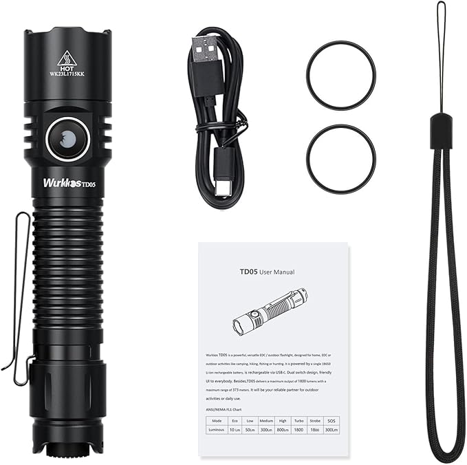 Wurkkos TD05 Rechargeable Flashlights USB C, Max 1800Lumen Tactical Led Flashlight Dual Switch Design, 373M Long Range EDC Flashlight, IP68 Waterproof Flashlight for Indoor Outdoor Usage-Black