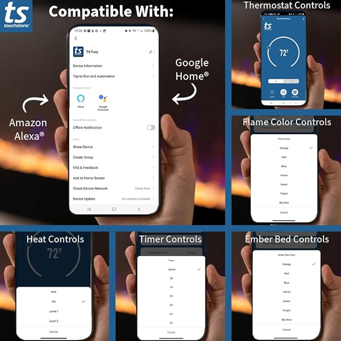 Touchstone Smart Electric Fireplace-The Fury 46" Wide- 4.5" Thin in Wall Recessed-100 Realistic Flame/Ember Bed Color Combos-1,500W Heater-Larger Viewing Area-Alexa/WiFi Enabled