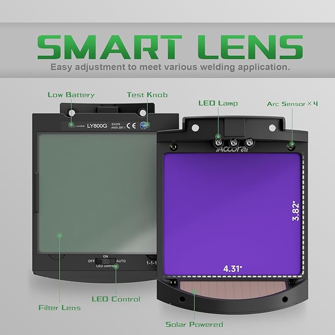 Panoramic View Auto Darkening Welding Helmet with Light, 1/1/1/1 True Color Solar Powered Welding Hood Mask, 4 Arc Sensor Wide Shade for TIG, MIG, ARC, Cut, Grinding, AC-28800G-DT