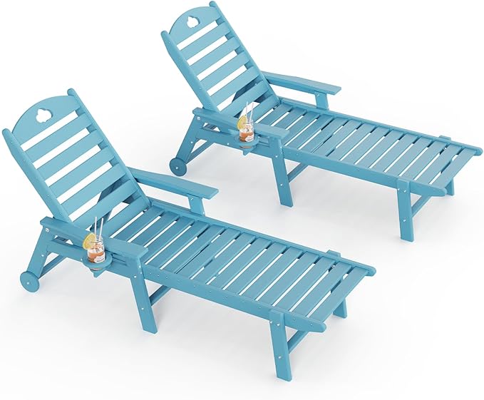 Oversized Chaise Lounge Chair Outdoor with Wheels & Cup Holder, 6-Position Adjustable HDPE Patio Lounge Chair for Poolside, Garden, Deck & Lawn (Light Blue, 2-Piece)