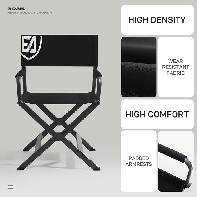 EVER ADVANCED Aluminum Lightweight Directors Chair Foldable, Folding Studio Movie Chairs Camping Event Vendor Chair, 19" Seat Height Black Fabric/Grey Frame, Support 350lbs