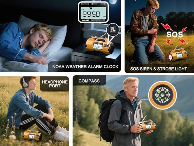 Emergency Alert NOAA Weather Radio with Hand Crank & Solar Power Portable AM/FM/SW Radio, Flashlight, Replaceable Battery, Cell Phone Charger, SOS Alarm, Power Outage Essentials for Outdoor