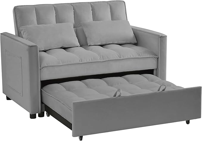 53" Convertible Sofa Bed with Pull-Out Bed - Velvet 3-in-1 Reclining Futon Loveseat, Space-Saving Sleeper Couch with Adjustable Backrest & Side Pockets, Modern Living Room Furniture (Grey, Full Size)