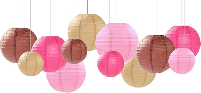 Pink Brown Paper Lanterns Decorative 12pcs Party Hanging Decorations for Western Cowgirl Party Birthday Retro Rodeo Party Supplies for Girls Baby Shower Western Room Decor