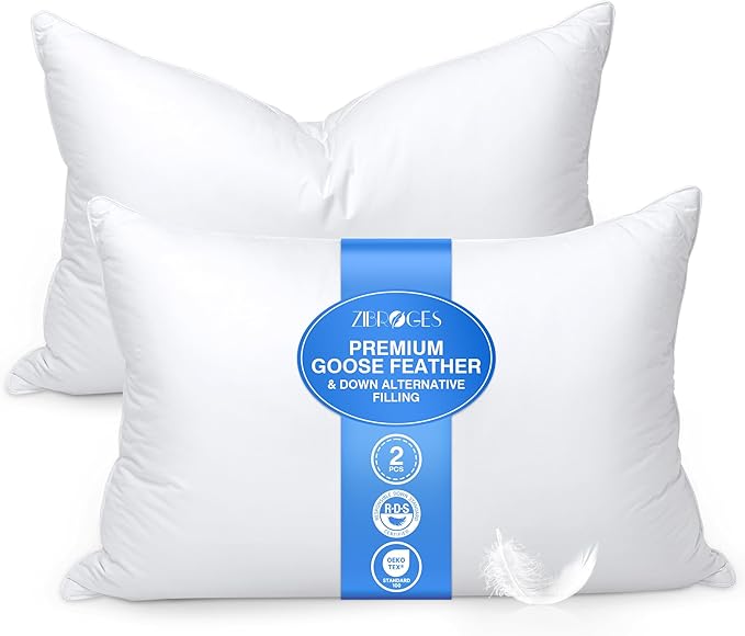 Goose Feather Pillow King Size Pack of 2 Down Hotel Bed Pillows for Sleeping, Soft 600 Thread Count Cotton Cover, Fluffy Support Surround Fill Polyester for Back, Stomach, Side Sleepers