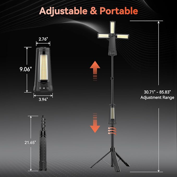 Rechargeable Camping Light with Stand, 15000 mAh Cordless Work Light with 3 LED Lamp Heads, 5500 Lumens Dimmable Camping Essentials Gear Emergency Flashlight with 86" Detachable Tripod, Black