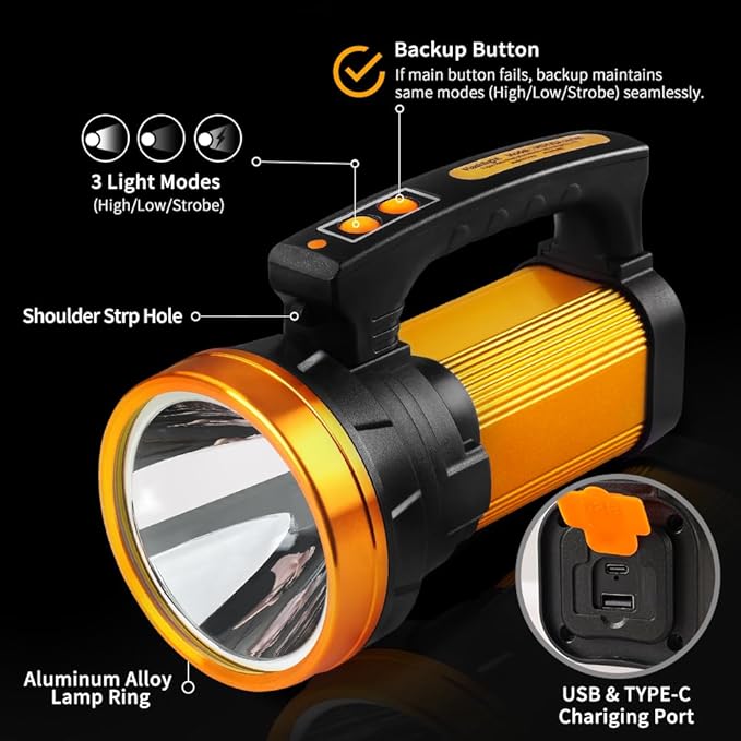 1800LM Rechargeable Spotlight 13600mAh Spotlight Flashlight 80H Long Lasting IP67 Waterproof 3 Modes Spot Light for Outdoor Camping Home Emergency
