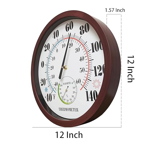 Indoor Outdoor Thermometer Large Numbers 12 Inch Wall Weather Thermometer Hanging Garden Decor Hygrometer No Battery Needed (Brown)