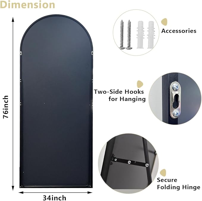 Oversized Full-Body Mirror, 76" x 34" Arched Full-Length Mirror, Black Metal Frame, Floor Mirror for Bedroom, Living/Dressing Room, Gym - Stand/Wall Mounted/Leaning