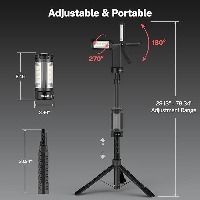 OGERY Rechargeable 10000mAh Camping Light with Stand 6.5 ft Max Height, Cordless Work Light with 3 LED Lamp Heads, 2200 Lumens Camping Essentials Gear Emergency Flashlight with Detachable Tripod