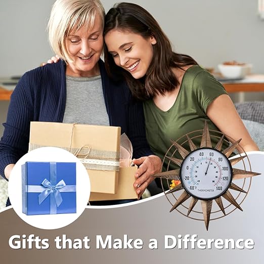 14'' Sun Outdoor Thermometer, Metal Wall-Mounted Thermometer No Need Battery, Indoor Decor for Patio Garden Living Room