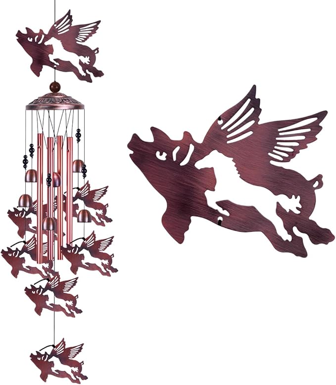 Outdoor Flying Pig Wind Chimes Indoor Decor - Hand-Made Mobile Romantic Wind Catcher, 37" Pigs Wind Chime for Home, Balcony, Patio, Garden Decoration, Gift for Mom, (4 Tubes, 6 Bells, 7 Flying Pigs)